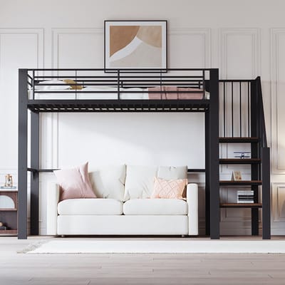 Komhtom Hoogslaper 90 x 200 Stabiel metalen frame met ruime opbergruimte onder het bed en trap Ideaal voor kinderen en volwassenen Bed met opbergruimte voor maximale ruimtebenutting
