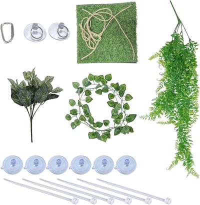 4-in-1 Terrarium Accessoires Set met Kunstplanten, Buigbare Lianen en Zuignappen voor Hagedissen, Chameleons en Schildpadden
