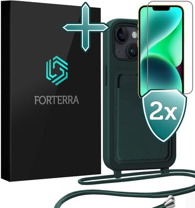 Hoesje Geschikt voor iPhone 13 Pashouder Case Siliconen Hoes Met Koord Met 2x Screenprotector - Hoes Geschikt voor iPhone 13 Met Telefoonkoord Hoesje Back Cover Met Pasjeshouder - Donkergroen