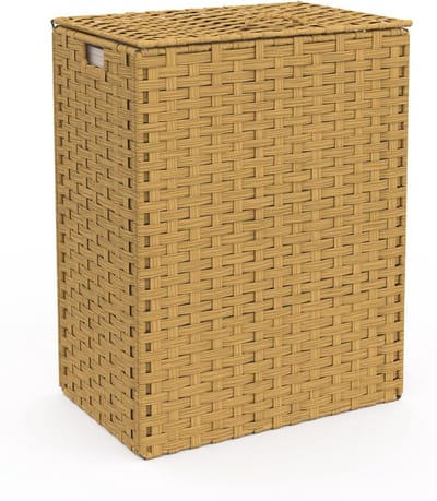 Wasmand Dubbel - Kledingmand Sorteren - Kleding Opbergen - Rotanlook Met Plank - 45x30x60 cm - Beige