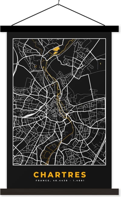 Posterhanger incl. Poster 40x60 cm - Schoolplaat - Kaart - Plattegrond - Frankrijk - Chartres - Stadskaart - Textielposter - Zwarte latten - Stadskaart