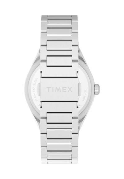 Timex Q Continental Day/Date Quartz Analoog Horloge Zilverkleurig En Blauw Kast Gemaakt Van 100% Roestvrij Staal En Een Armband Van 100% Roestvrij Staal 39 TW2Y35100AJ, TW2Y35200AJ