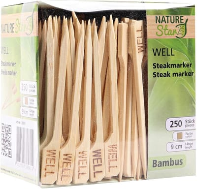 250 houten spiesjes prikkers 9 cm van bamboe met opdruk Well - hapjes barbecue grill sate stokjes - Vlees Steak marker - wegwerp