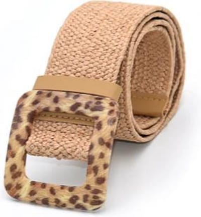 KLEINE MAAT! Meisjes – Jonge Dames - Vintage gevlochten riem / damesriem houten vierkante platte gesp / Leopard – Panterprint - Beige / Naturel - 85 cm - Maat XXS/XS/S | Taille - Khaki / Zand | Elastisch – Stretch | Riet – Stro | Verstelbaar | Riem