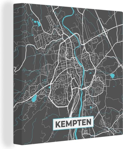 Canvas Schilderij Stadskaart – Plattegrond – Duitsland – Blauw – Kempten – Kaart - 20x20 cm - Wanddecoratie