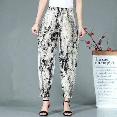 WTEMPO Zomer Dames IJszijde Bloemenprint Joggingbroek Hoge Elastische Taille Stretch Leggings Dansen Wandelbroek 2XL beige