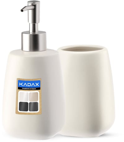 KADAX 2-delige badkamerset van keramiek, badaccessoires, badkameraccessoires, zeepdispenser, badkamerbeker, zeepbakje en wc-borstel (beker en dispenser wit)