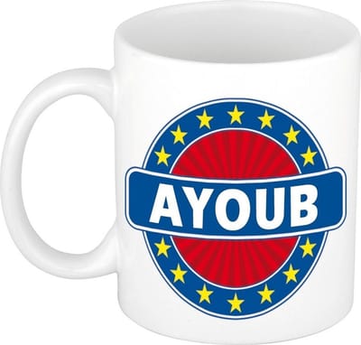 Bellatio Decorations - Ayoub voornaam - koffiemok - beker - wit/blauw - 300 ml - Cadeau - Heren - Collega - Vaderdag - Verjaardag