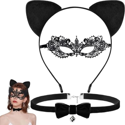 Zwarte Haarband met Kattenoren, Zwart Kanten Set, Kattenmasker en Ketting met Bel voor Feestjes en Carnavalskostuums