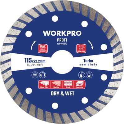 WORKPRO WP405042 – Turbo Diamantschijf Ø115 mm x 22,2 mm – Voor Tegels, Steen & Beton – Nat & Droog – Turbo Segment