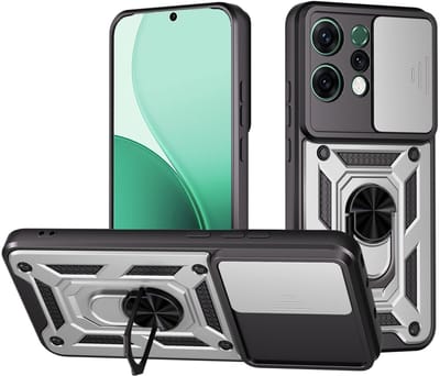 MobyDefend Hoesje - Geschikt voor Oppo Reno14 - Pantsercase Met Draaibare Ring - Zilvergrijs
