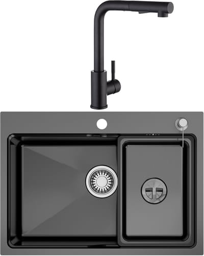 Auralum max Spoelbak voor keuken 68x48CM - Spoelbakken Keuken Met Keukenkraan - Enkele spoelbakken RVS Donkergrijs - Met Korf, Zeepdispenser en Afvoerset - Voor 80 cm Kast