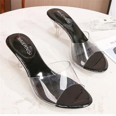 Dames Zomer 6 .5cm Hoge Hakken Slides Muiltjes Dame Transparante Glanzende Slippers Doorzichtige Lage Hakken Pvc Glanzende Casual Zilveren Schoenen 37 black