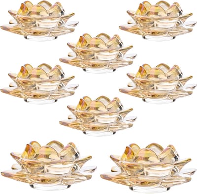 Set van 8 Lotus Tealight Houders, Goud Glazen Kaarsenhouders voor Theelichtjes, LED of Votiefkaarsen, Elegant Bloem Design voor Bruiloft, Feest, Badkamer en Tafeldecoratie, Zonder Kaarsen