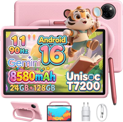DOOGEE U11 Kid - Kindertablet - Tablet - 24 GB RAM (4+20 GB Extended) + 128 GB ROM - 11 inch HD 90 Hz - Android 16 - 8580 mAh - WiFi 2.4/5 GHz - Inclusief Kindvriendelijk Hoesje & Styluspen - 13 MP Camera - Pink