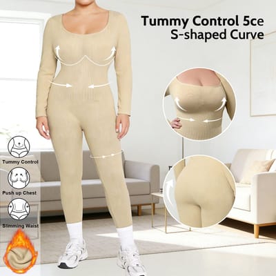 Plus Size Panty – Dames Seamless Gevoerd & Corrigerend legging - Bodyfashion Dream Shaper Bodysuit - Winter-A-Beige-XXXXL