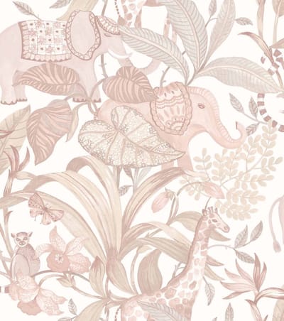 Behang - Kinderkamer – Jungle - Dieren- Beige- Wit- Lichtroze - Babykamer - Kinderbehang – Meisjesslaapkamer - 0,53 x 10,05 M