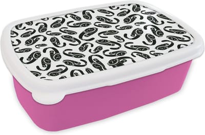 Broodtrommel Roze - Lunchbox - Brooddoos - Horloge - Zwart Wit - Patronen - 18x12x6 cm - Kinderen - Meisje