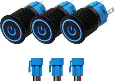 ProRide Drukschakelaar ON-OFF 12V/24V - 16mm Metaal - Waterdicht - LED Blauw - Met Kabels - 3 stuks
