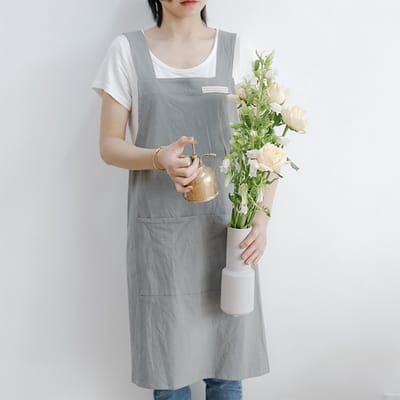 Eendelig linnen schort, schort met kruisbanden en zakken, koksschort voor tuinieren, koken, bakken, bloemistenwerk, schilderen, barista's, werkkleding.