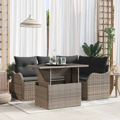 vidaXL Tuinbank Set met kussen met kussen 5 pcs Grijs Poly Riet