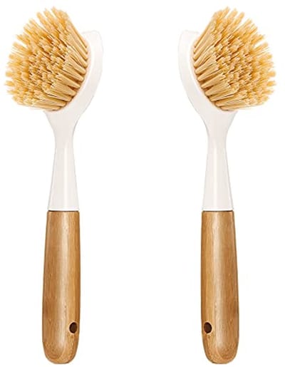 2 Pack Keuken Afwasborstel met Bamboe Handvat en Schraper - Perfect voor het Reinigen van Pannen en Gootstenen