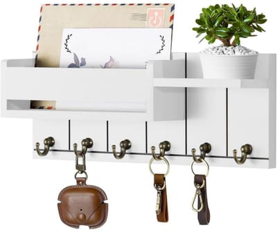 GELLDG Sleutelrek met plankje - Houten sleutelrek - Decoratief houten wandrek - Met 6 sleutelhaakjes - Geschikt voor entree, hal, slaapkamer, woonkamer - Wit