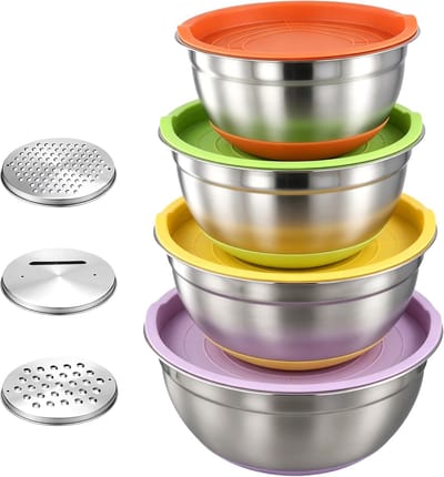 Mengkom met deksel, 4-delige roestvrijstalen kommenset met 3 raspinzetstukken en antislip siliconen bodem, 1,6 tot 5 liter, oranje, groen, geel, paars