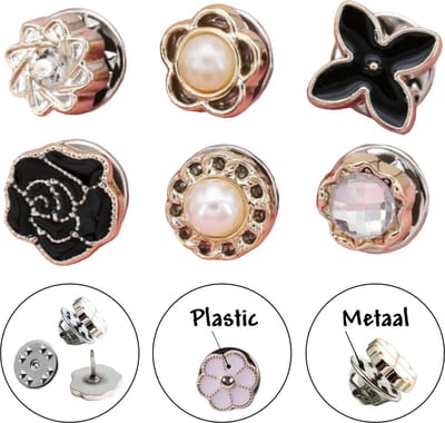 Fako Bijoux - Pin Broche Mini - Steek Pin Knopen Set - 6 Mini Broches - 8-12mm - Silver, Gold, Black, Shiny & Pearl - 6 Stuks - Zilver, Goud & Zwart - Serie 4