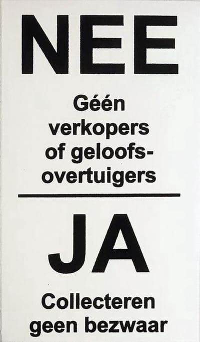 NEE Geen verkopers of geloofsovertuigers JA Collectes geen bezwaar Aluminium - 85 x 50 mm - Nee nee sticker brievenbus - Promessa Design.
