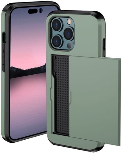 Hoesje met Kaarthouder Slider Geschikt voor Apple iPhone 14 Pro | Pasjeshouder Achterkant | Kaarthouder voor twee á drie pasjes | Groen