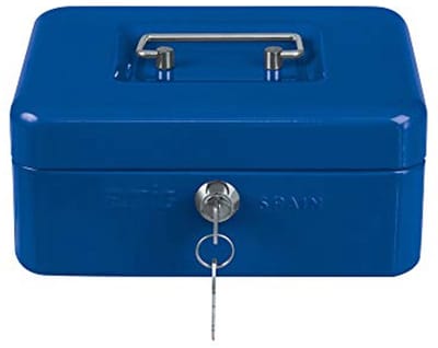 Geldcassette voor bankbiljetten en munten met muntenhouder en sleutels - Blauw - 250 x 180 x 90 mm