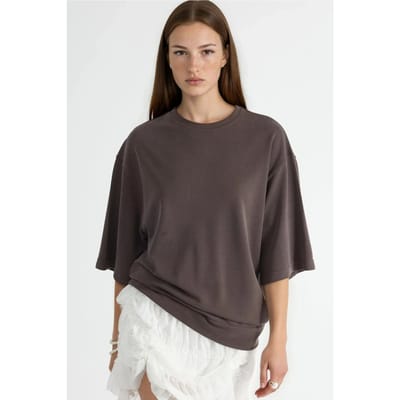 Oversized Geribde Korte Blouse met Ronde Hals