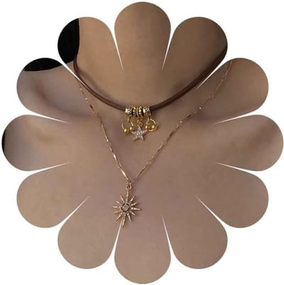 Gelaagde Zonne Ster Ketting met Kristallen Pendant en Bruine Leren Choker voor Dames, Elegante Zonneburst Sieraad voor Elke Gelegenheid