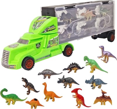 Dinosaurus vrachtwagen transporter truck - 12 in 1 Dino speelfiguren set koffer - Oplegger - 38.5cm