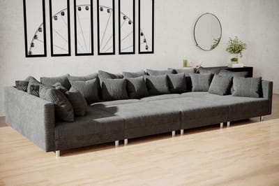 hoekbank denver xxl- corduroy donkergrijs- met 2 poefs (hocker) - hoeksalon denver wooneiland- zetelsenbedden