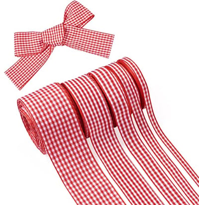 Gingham Lint Set van 5 Rollen - Rood en Wit Karrool Polyester Lint voor Cadeauverpakking, Bruiloft en DIY Projecten