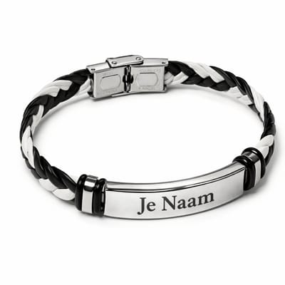 Armband met graveer, Armband met naam, Gepersonaliseerde gevlochten armband met naamgravure - zwart-wit design, Armband met naamplaatje ,graveerarmband