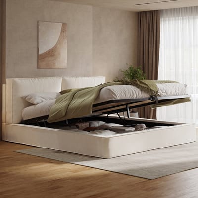 Tweepersoonsbed 180 x 200 cm - met lattenbodem en opbergruimte - gestoffeerd hoofdeinde - beige - fluweel - zonder matras