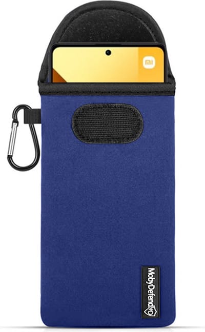 MobyDefend Hoesje - Geschikt voor Xiaomi Redmi Note 13 5G - Neopreen Pouch Met Karabijnhaak - Insteek - Riemlus - Blauw