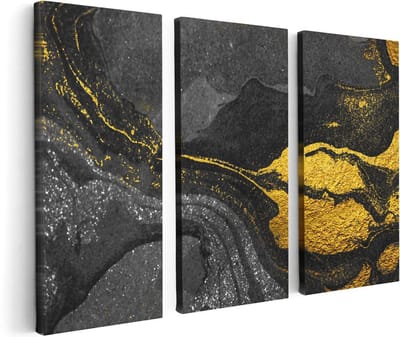 Artaza Canvas Schilderij Drieluik Abstracte Kunst - Zwart Gouden Marmer - 120x80 cm - Wanddecoratie Woonkamer - Schilderijen - Muurdecoratie