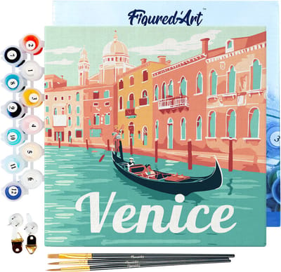 Figured'Art Mini Schilderen op Nummer Volwassenen 20x20cm met lijst Reisposter Venetië - Klein Formaat Creatieve Hobby Kit DIY Art Nummer Compleet