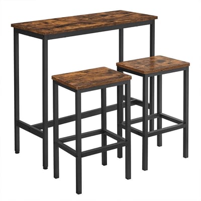 Eettafel- en krukkenset, 3-delig, bestaande uit een smalle tafel van 100 x 40 x 90 cm met stevig metalen frame en 2 krukken van 40 x 30 x 65 cm met een draagvermogen van 100 kg, geschikt voor eetkamer en werkruimte, in bruin en zwart.