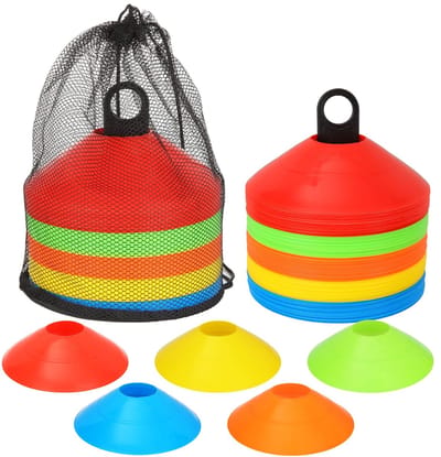 Dailygoods- Markeringhütchen 100st. - Sportset voor Voetbal/Hockey/IJsloop/Handbal - Houder - Netzak - 5 Kleuren - Sportpetjes