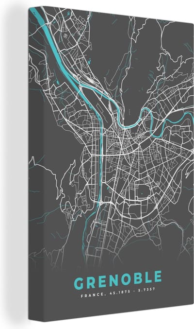 Canvas Schilderij Grenoble - Frankrijk - Plattegrond - Kaart - Stadskaart - 20x30 cm - Wanddecoratie