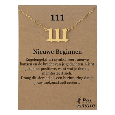 111 Engelen Getal Ketting op Cadeau Kaartje - Goudkleurig - Stainless Steel Spirituele Hanger - 45cm + 5cm verstelbaar - Pax Amare