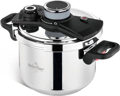 Swiss Haus® PCA4L Snelkookpan Inductie - 4 Liter / Ø 22 cm - PFAS Vrij - RVS Snelkookpannen Voor Alle Warmtebronnen - Pressure Cooker - Instant koken - Eenhandig Mechanisme - RVS