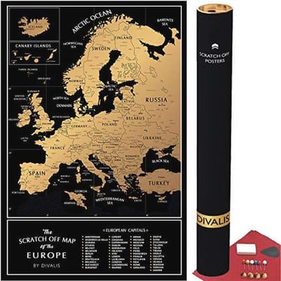 Detailed Scratch Off Map of The Europe - Easy to Frame 24 x 16 European Travel Map Poster with Cities - Large Black and Gold Push Pin Travel Wall Maps - Scratchable Europe Map with Scratcher Included