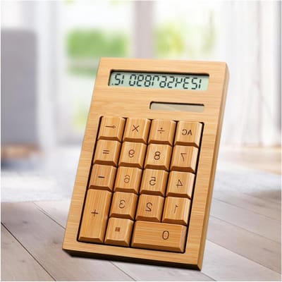 Houten Rekenmachine 12-Cijferig met Groot Display en Zonne-energie Voeding - Multifunctionele Bamboe Calculator voor Kantoor en School