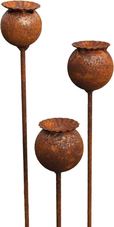Set van 3 metalen tuinstekers met zonnehoed en patina voor tuindecoratie